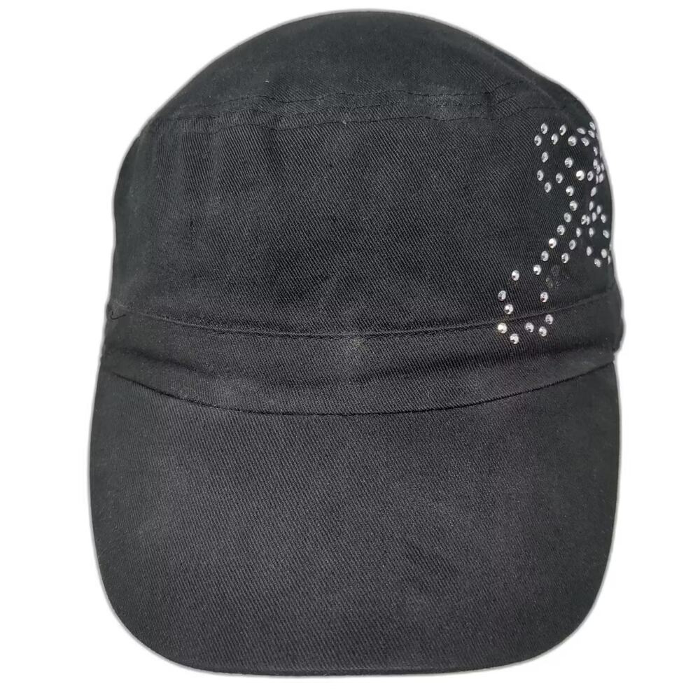 ABG Black Army Cap One Size Rhinestone Military Sparkle Jeweled Twill Cotton Hat
